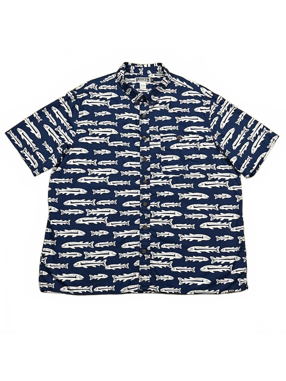 Duluth Mens BBQ Relaxed Fit Short Sleeve Shirt Blue Trout Print Size 2XLT Tall